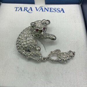 Tara Vanessa NIB Rhinestone Cat and Mouse Silver Tone Brooch
